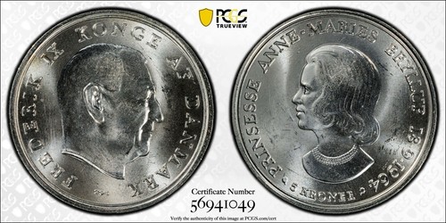1964 GRIECHENLAND & DÄNEMARK SILBER 30 DRACHMEN / 5 KRONEN ROYAL WEDDING PCGS MS65/64 - Bild 5 von 5