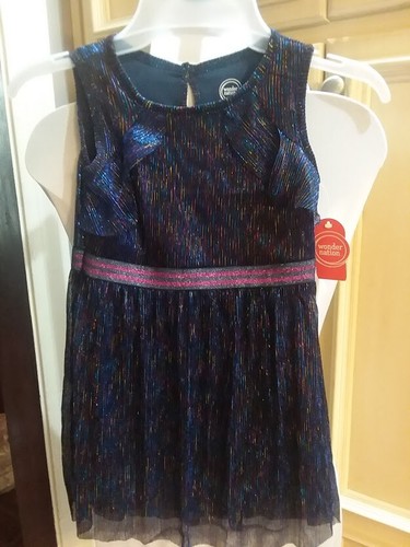 GIRLS CRINCKLE MESH/METALLIC PARTY DRESS..NEW..NAVY/PINK MULTICOLOR LARGE 10-12 - Picture 2 of 9