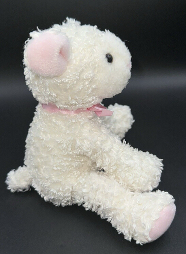Koala Baby Curly Cream Lamb Plush White Pink nose Satin Bow Rattle Embroidered - Picture 4 of 11