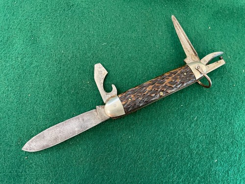 Vintage TELL Germany SCOUT Pocket Knife Jigged Bone Scales Boy Scout Camping - Picture 5 of 12