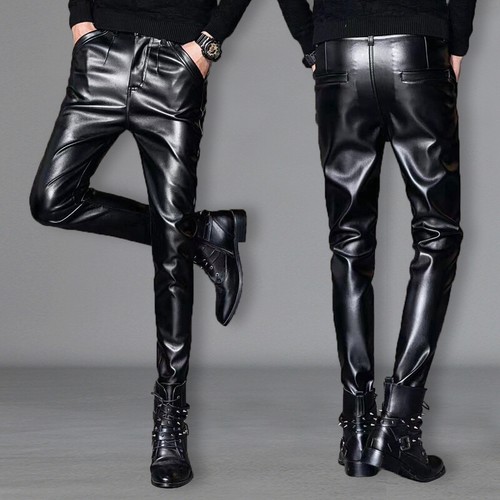 New Leather Pants Men Motorcycle Riding Slim-fit Velvet Windproof Trousers Stage - Picture 3 of 13