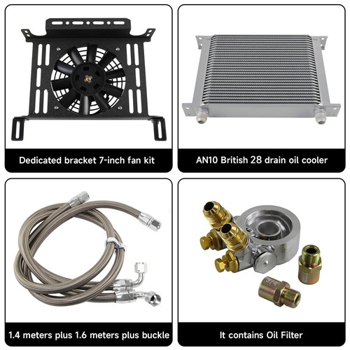 Universal 28 Row Oil Cooler 80°C Thermostat Adapter Silver+7'' Fan w/New Bracket - Picture 9 of 10
