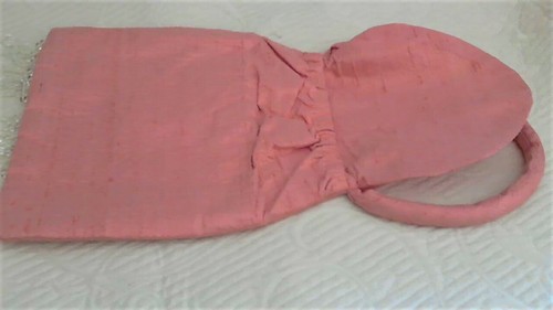 Cascading Clear Beads Apricot Colored Fabric Texture Bag 8X7.5" Rolled Handle HM - Picture 3 of 5