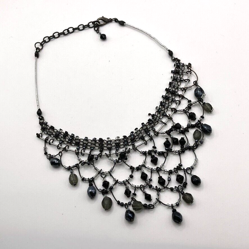 Black glass bib necklace victorian style decorative 36cm adjustable gothic goth - Picture 2 of 9