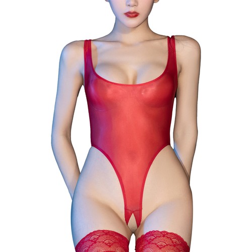 Women's oil glossy Hollow Out Stretchy High Cut Bodysuit Low Back Mesh Lingerie - Picture 21 of 42