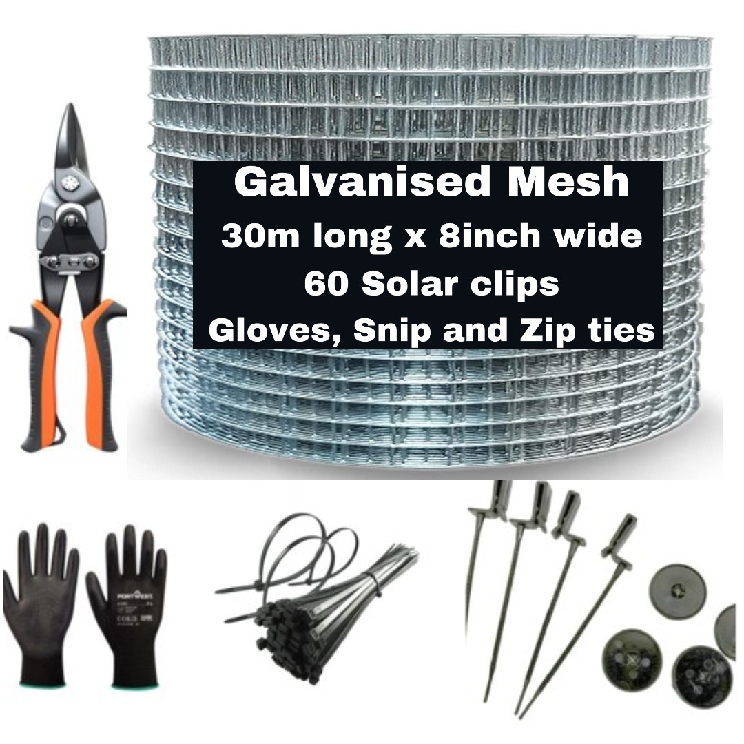 Solar Panel Wire 30m Mesh And Clip Kit Pigeon Proofing Kit Gloves Snippers Ties
