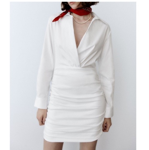Zara Womens Shirt Dress V-Neck Collared Long Sleeve Ruched Side Mini White S NWT - Picture 2 of 14