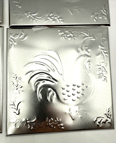 Southern Living at Home Embossed Tin Rooster Wall Tiles Set/4 6"x6" Silver NEW - Picture 6 of 9