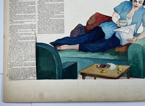 Vintage Illustration Art Women Reading On Couch Drinking Coffee 15x20” Miszczuk - Picture 5 of 11