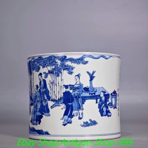 Jarrón lápiz maceta pincel historias personajes porcelana azul blanco marcado Kangxi de 6,5" - Imagen 2 de 9