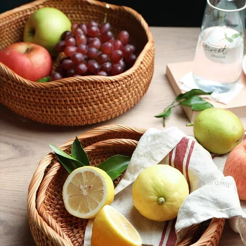 Cesto portaoggetti in rattan intrecciato a mano vassoio porta pane frutta picnic organizer nuovo - Foto 4 di 32