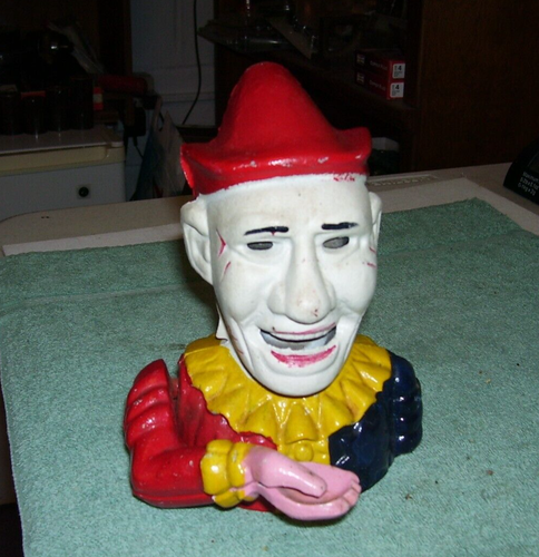 Vintage Clown Coin Eating Mechanical Cast Iron Coin Bank, Works!