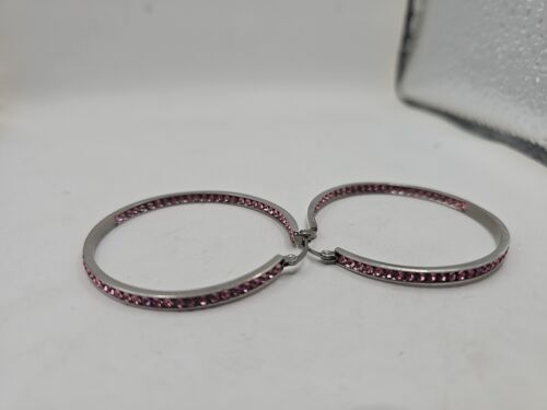 Silver Hoop Earrings With Pink Inside Out Rhinestones - Picture 4 of 9
