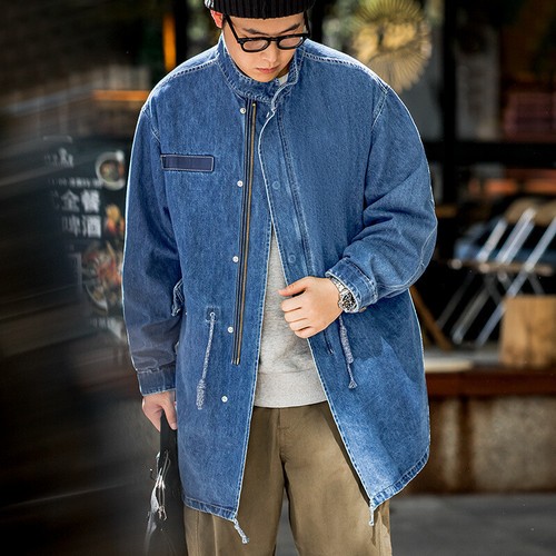 Men's Denim Fishtail Parka Windbreaker Vintage Casual Loose Long Coat Jacket - Picture 3 of 11