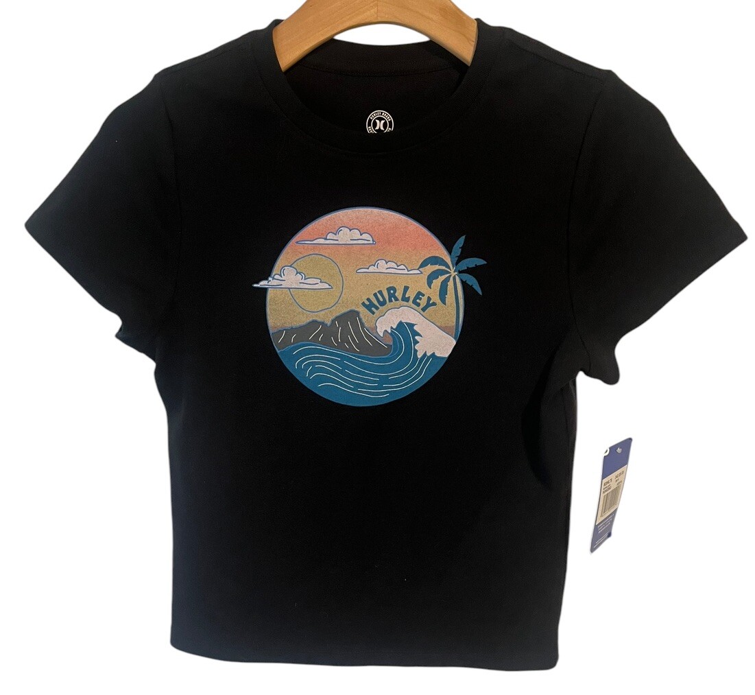 Hurley T Shirt Girls Medium Black Graphic Ocean Wave Surf Tee