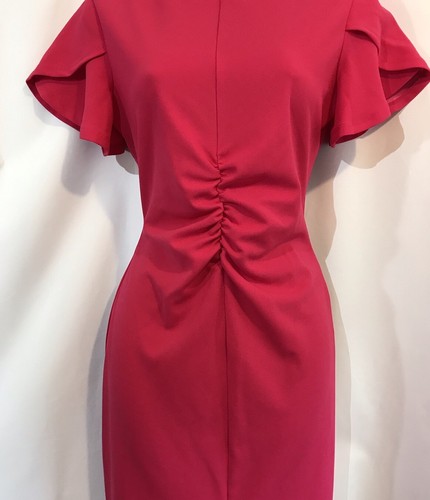 New Lipsy Size 12 Petite Pink Ruched Front Tulip Sleeve Smart Midi Dress - Picture 8 of 18