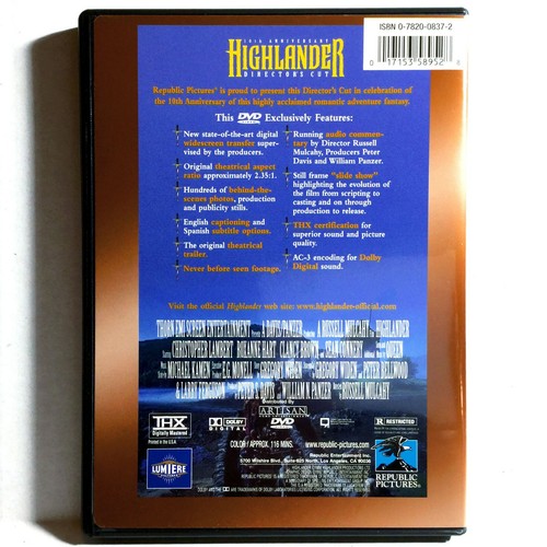Highlander (DVD, 1986, Widescreen,10th Anniv. Directors Cut) Sean Connery - Imagen 2 de 3