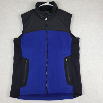 LL Bean Mens Large Vest Blue Black Fleece Full Zip Pockets Polartec Stretch