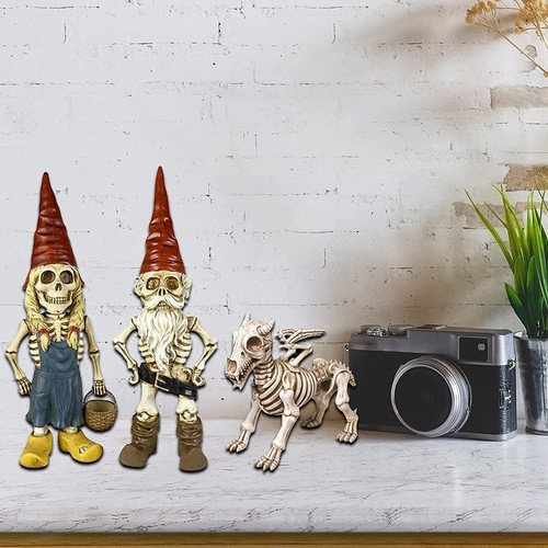 Estatua de jardín de gnomo esqueleto - Estatuilla de esqueleto con decoración de calavera y huesos de perro - Imagen 7 de 19
