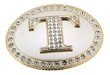 Initial T Letter t Belt Buckle Bling Men Women Gold Silver Metal Western Fashion