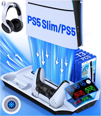 PS5 Stand with Cooling Fan and Dual PS5 Controller Charging Station 3 USB Hub