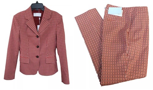 $850 - HUGO BOSS Women 2-Piece Suit with Pants in Red Houndstooth - Size 4 /26