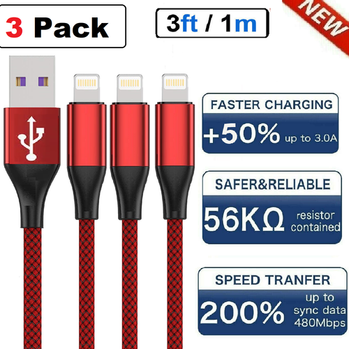 3 Pack Fast Charger Cable Heavy Duty For iPhone 14 13 12 11 XR 8 7 Charging Cord - Picture 9 of 16