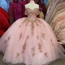 Pink Quinceanera Dresses Off Shoulder Appliques Backless Tulle Party Ball Gowns