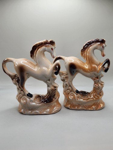Vintage Pair Lusterware Ceramic Prancing Horse Figurines Elevate Mantel Or Shelf - Picture 9 of 20
