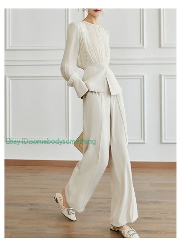 Damen Stylische Langarm Bluse Weites Bein Hose Anzug Sets Sommer Herbst 2 Teile Größe - Bild 6 von 13