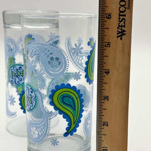 Vintage LIBBEY 'Crisa' Blue Green Paisley Beverage Retro 6" Tumblers Set of 2 - Picture 3 of 5