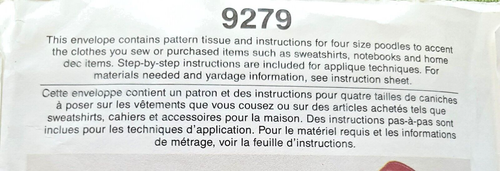 Simplicity 9279 Applique barboncino modello artigianale cucito 4 misure non tagliate vintage 1989 - Foto 3 di 3