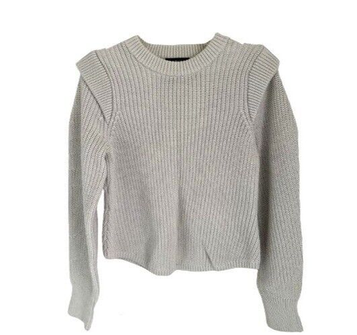 AQUA Knitted Ribbed Cotton Grey Epaulet Sweater In Cream/Gray Color Size Small - Picture 3 of 7