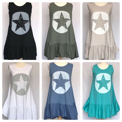 Ladies Lagenlook Oversized Star Diamante' Ruffle Frill Sleeveless Cotton Tops - Picture 2 of 23