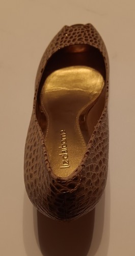 Liz Claiborne Snake Print Leather Gold Flecks Peep Toe Sz 8 Slip On Career Heels - Picture 20 of 23