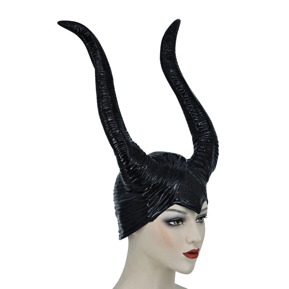 Cosplay Máscara Maléfica Malvada Reina Negra Cuernos Sombrero Látex Halloween Prendas para la cabeza utilería Foto 2 de 4