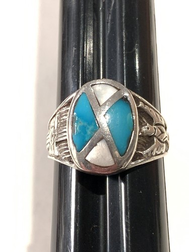 Vintage Native American Sterling Silver Thunderbird Zia Turquoise Inlay Ring - Picture 10 of 10
