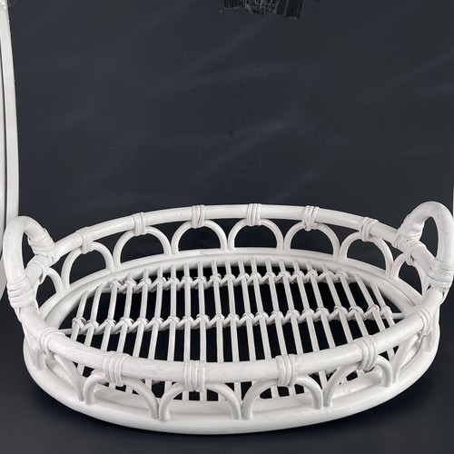 White Bamboo Oval Wicker Serving Tray Tiki Boho Patio Barbecue Barware Cottage - Picture 4 of 14