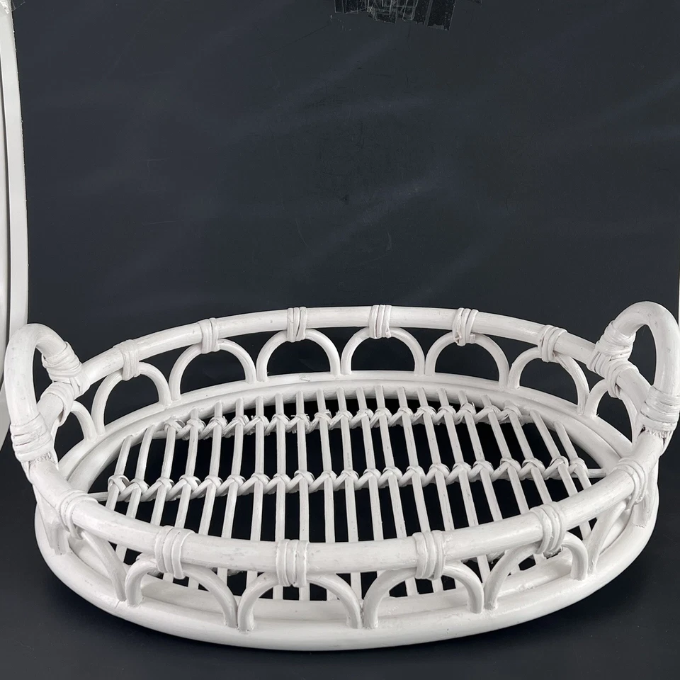 白色竹椭圆形柳条服务托盘提基波西米亚露台烧烤酒吧小屋 — 第 4/4 张图片