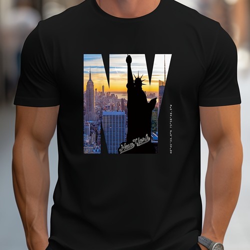 Camiseta creativa estampada con patrón de NY para hombre, informal manga corta cuello redondo, - Imagen 17 de 100