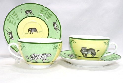 Hermes Africa Morning Cup green 2 set porcelain breakfast soup bowl - Picture 3 of 10