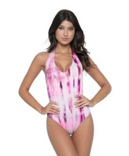  144 Pilyq Avery One Piece Pink Purple White Textured Halter Swimsuit M NEW P461