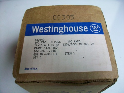 WESTINGHOUSE FB3100 100 A 3P 600 V. Ac. CIRCUIT BREAKER W/1A-1B AUX SW. AND