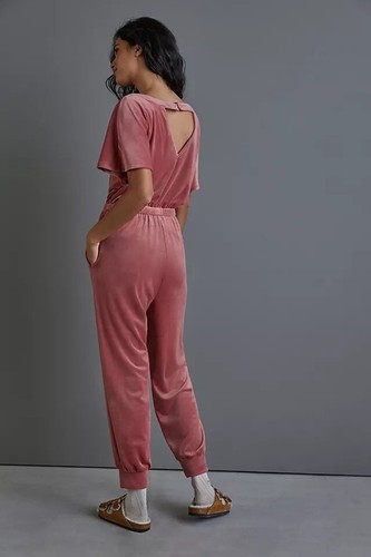 Anthropologie Saturday/Sunday Petite Large NWT Linda Velvet Jumpsuit Mauve Pink - Picture 4 of 11