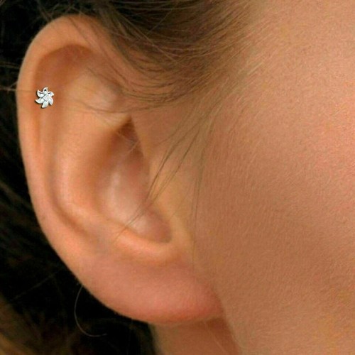 1.4mm Simulated Diamond Flower Nose Lip Labret Screw Stud 14K White Gold Plated - Picture 3 of 4
