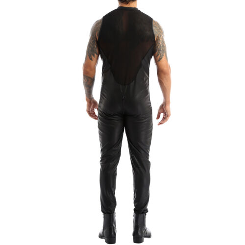 Body da uomo intero look bagnato finta pelle maglia vedere attraverso costume da body - Foto 5 di 43