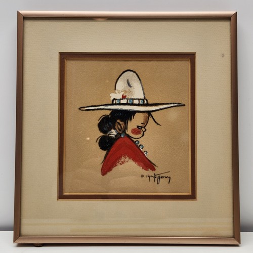 Native American Girl Mid Century Modern Signed Pastel Portrait Drawing Framed - Photo 1 sur 5