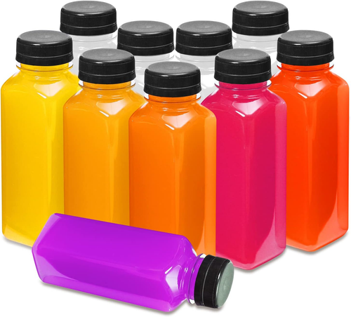 10 OZ Plastic Juice Bottles, Reusable Bulk Beverage Containers, with Black Tampe