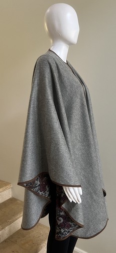 LORO PIANA 100% Cashmere With Suede Goatskin Trim Shawl Cape Wrap Reversible - Picture 9 of 11