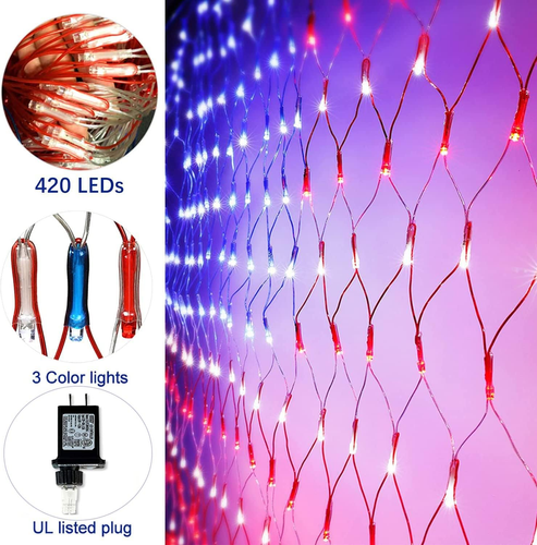 4th of July Decorations, 420 LED 24V Plug in Red White and Blue American Flag Ne - Picture 2 of 7